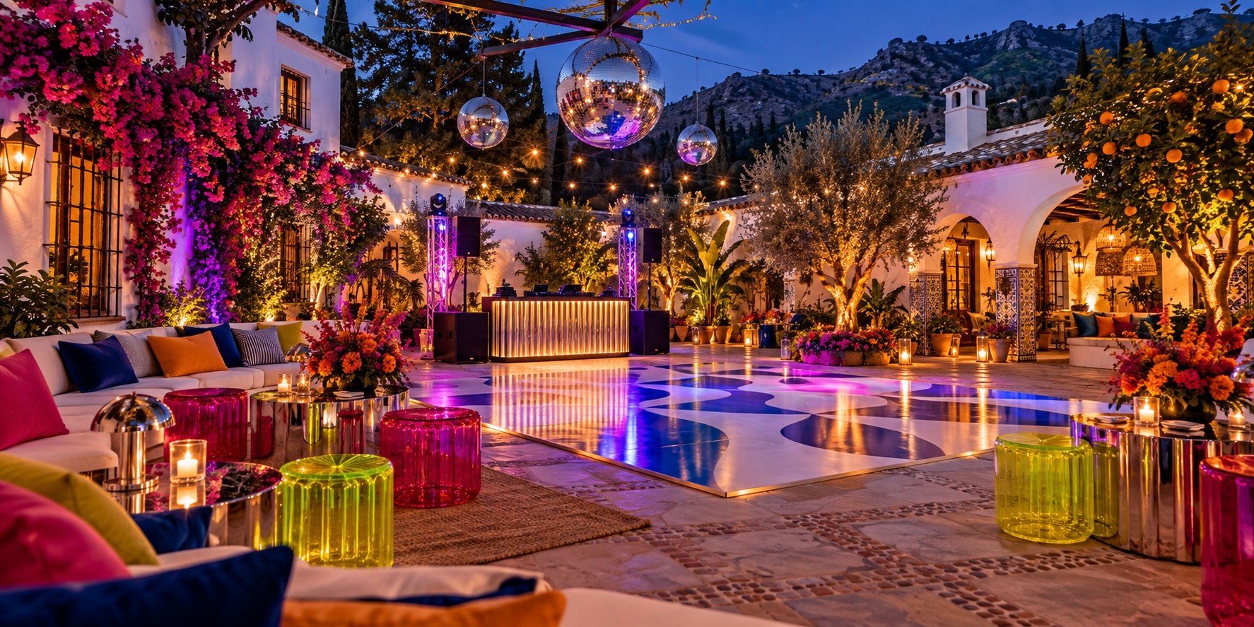 Patio de un cortijo malagueño preparado para una fiesta colorida